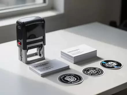 Ein minimalistischer Schreibtisch mit einem Stempel, Visitenkarten und Aufklebern bei natürlichem Licht. - Foto: über boerse-global.de