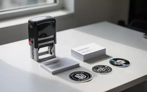Ein minimalistischer Schreibtisch mit einem Stempel, Visitenkarten und Aufklebern bei natürlichem Licht. - Foto: über boerse-global.de
