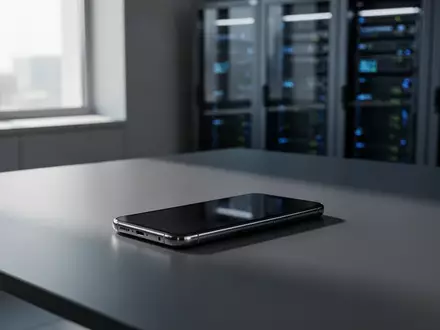 Ein modernes Smartphone liegt auf einem Schreibtisch vor einem unscharfen Hintergrund aus Server-Technik. - Foto: über boerse-global.de
