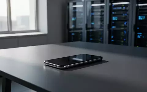 Ein modernes Smartphone liegt auf einem Schreibtisch vor einem unscharfen Hintergrund aus Server-Technik. - Foto: über boerse-global.de