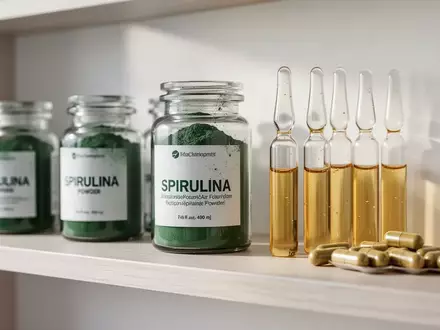 Verschiedene Nahrungsergänzungsmittel, Ampullen und Kapseln auf einem hellen Regal in einer Apothekenumgebung. - Foto: über boerse-global.de