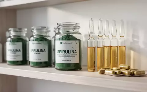 Verschiedene Nahrungsergänzungsmittel, Ampullen und Kapseln auf einem hellen Regal in einer Apothekenumgebung. - Foto: über boerse-global.de