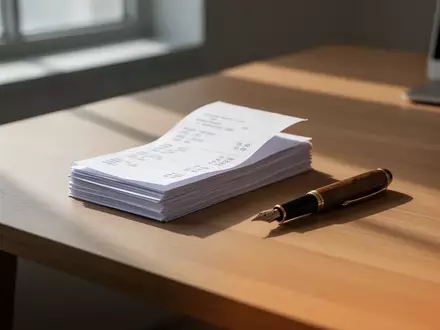 Ein Stapel von Steuerbelegen auf einem hölzernen Schreibtisch in einem hellen Büro. - Foto: über boerse-global.de