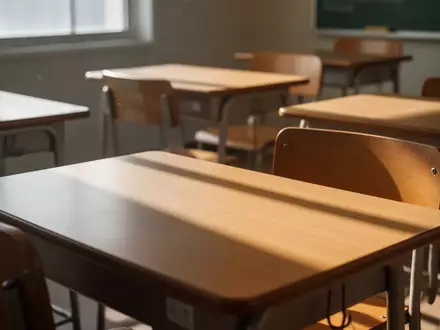 Leere Schulbänke in einem sonnendurchfluteten Klassenzimmer ohne elektronische Geräte. - Foto: über boerse-global.de