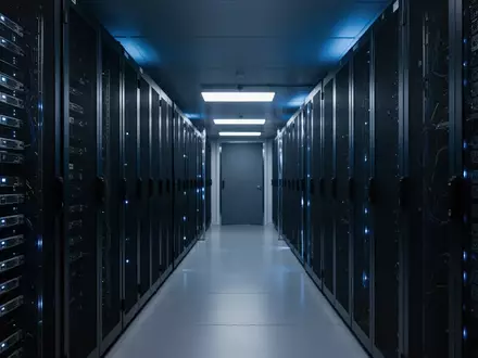 Dunkler Serverraum mit beleuchteten Serverschränken in einem modernen Rechenzentrum. - Foto: über boerse-global.de