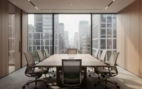 Ein moderner, leerer Konferenzraum mit einem großen Holztisch vor einer Fensterfront in einem Bürogebäude. - Foto: über boerse-global.de