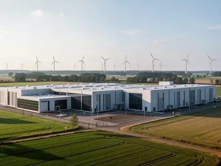 Modernes Rechenzentrum in einer norddeutschen Landschaft mit Windkraftanlagen im Hintergrund. - Foto: über boerse-global.de