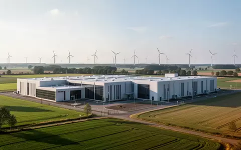 Modernes Rechenzentrum in einer norddeutschen Landschaft mit Windkraftanlagen im Hintergrund. - Foto: über boerse-global.de