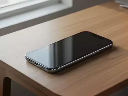 Ein modernes Smartphone liegt auf einem minimalistischen Schreibtisch, der Bildschirm ist dunkel und spiegelt das Tageslicht. - Foto: über boerse-global.de
