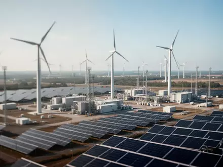 Moderne Energieanlagen mit Windkrafträdern und Solarpaneelen in einer weitläufigen Industrielandschaft. - Foto: über boerse-global.de