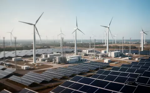 Moderne Energieanlagen mit WindkraftrĂ€dern und Solarpaneelen in einer weitlĂ€ufigen Industrielandschaft. - Foto: ĂŒber boerse-global.de