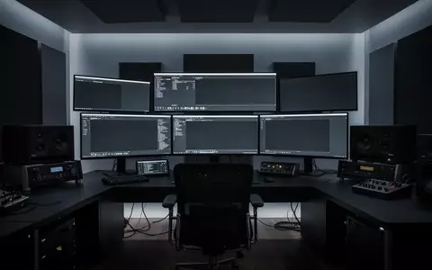 Ein minimalistisches, professionelles Schnittstudio mit dunklen Monitoren und moderner technischer Ausstattung. - Foto: über boerse-global.de