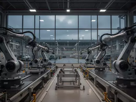 Leere Fertigungslinie in einer modernen Automobilfabrik mit Industrierobotern in einer weitläufigen Produktionshalle. - Foto: über boerse-global.de