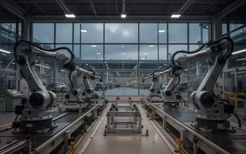 Leere Fertigungslinie in einer modernen Automobilfabrik mit Industrierobotern in einer weitläufigen Produktionshalle. - Foto: über boerse-global.de