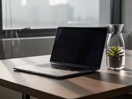 Ein minimalistischer moderner Schreibtisch mit einem Laptop mit dunklem Bildschirm, einer Glaskaraffe und einer Pflanze. - Foto: über boerse-global.de