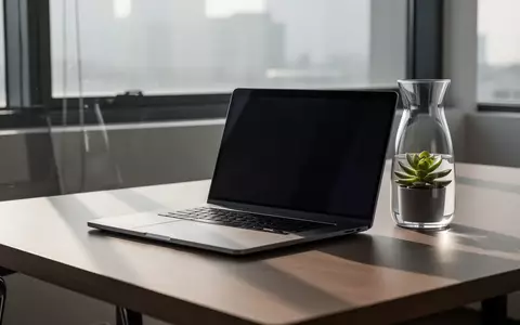 Ein minimalistischer moderner Schreibtisch mit einem Laptop mit dunklem Bildschirm, einer Glaskaraffe und einer Pflanze. - Foto: über boerse-global.de