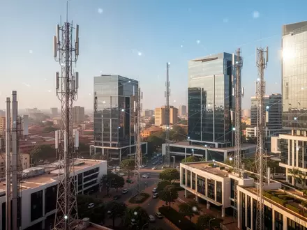 Moderne Bürogebäude und Telekommunikationsinfrastruktur in einer afrikanischen Stadt bei klarem Tageslicht. - Foto: über boerse-global.de