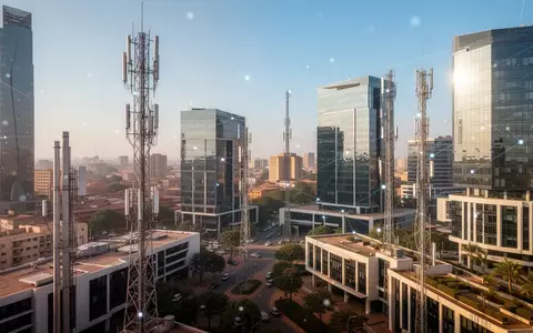 Moderne Bürogebäude und Telekommunikationsinfrastruktur in einer afrikanischen Stadt bei klarem Tageslicht. - Foto: über boerse-global.de