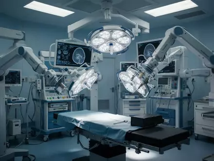 Hochmoderne medizinische Ausrüstung und Roboterarme in einem sterilen Operationssaal für Neurochirurgie. - Foto: über boerse-global.de