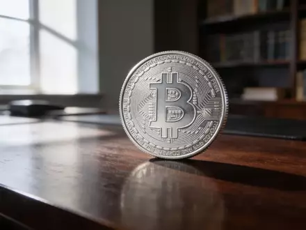 Eine einzelne physische Bitcoin-Münze auf einem eleganten Schreibtisch in einem professionellen Büro. - Foto: über boerse-global.de