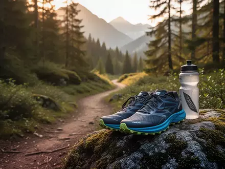 Sportliche Ausrüstung auf einem Felsen an einem Waldweg in einer Berglandschaft bei Sonnenlicht. - Foto: über boerse-global.de