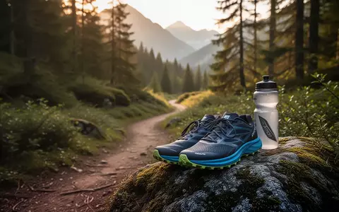 Sportliche Ausrüstung auf einem Felsen an einem Waldweg in einer Berglandschaft bei Sonnenlicht. - Foto: über boerse-global.de