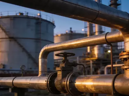 Industrielle Ölraffinerie bei Dämmerung mit Fokus auf Metallrohre und Lagertanks. - Foto: über boerse-global.de