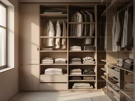 Minimalistisch gestalteter Kleiderschrank mit ordentlich gefalteter Kleidung und neutraler Farbpalette. - Foto: über boerse-global.de