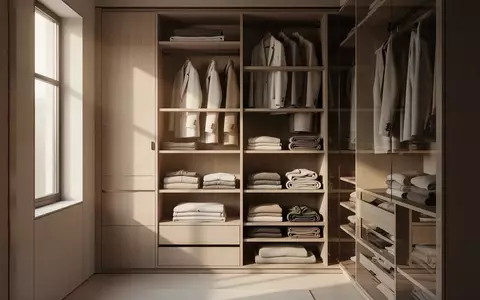 Minimalistisch gestalteter Kleiderschrank mit ordentlich gefalteter Kleidung und neutraler Farbpalette. - Foto: über boerse-global.de