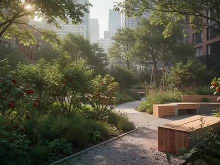 Moderner Waldgarten in einem urbanen Umfeld mit geschichteter Bepflanzung und Wegen. - Foto: über boerse-global.de