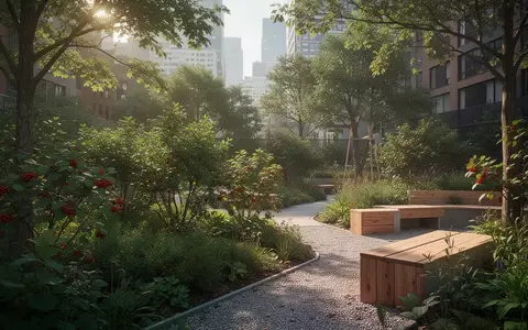 Moderner Waldgarten in einem urbanen Umfeld mit geschichteter Bepflanzung und Wegen. - Foto: über boerse-global.de