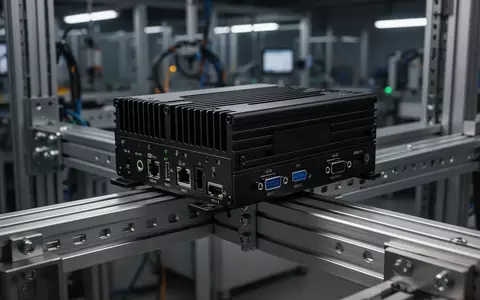 Kompakter, lüfterloser Industrie-PC für Edge-KI-Anwendungen, montiert auf einer DIN-Schiene in einer Fabrikumgebung. - Foto: über boerse-global.de