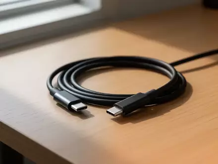 Ein schwarzes USB-C-Datenblockierkabel liegt auf einem hölzernen Schreibtisch. - Foto: über boerse-global.de