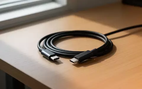 Ein schwarzes USB-C-Datenblockierkabel liegt auf einem hölzernen Schreibtisch. - Foto: über boerse-global.de