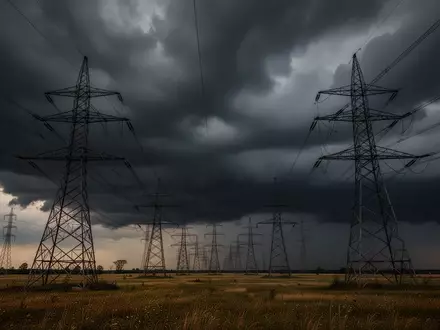 Hochspannungsmasten auf einem Feld vor einem aufziehenden, dunklen Gewitterhimmel. - Foto: über boerse-global.de