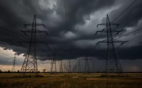 Hochspannungsmasten auf einem Feld vor einem aufziehenden, dunklen Gewitterhimmel. - Foto: über boerse-global.de