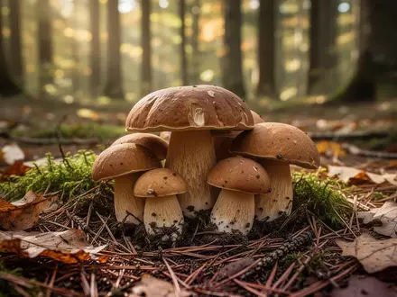 Mehrere Steinpilze wachsen auf dem Waldboden zwischen Moos und herbstlichem Laub. - Foto: über boerse-global.de