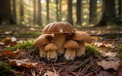 Mehrere Steinpilze wachsen auf dem Waldboden zwischen Moos und herbstlichem Laub. - Foto: über boerse-global.de
