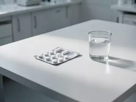 Eine einzelne Medikamentenpackung mit Tabletten und ein Glas Wasser auf einem sterilen Labortisch. - Foto: über boerse-global.de
