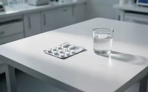 Eine einzelne Medikamentenpackung mit Tabletten und ein Glas Wasser auf einem sterilen Labortisch. - Foto: über boerse-global.de