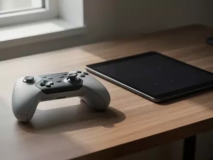 Ein moderner Gaming-Controller auf einem Schreibtisch neben einem dunklen Tablet in einer ruhigen, hellen Arbeitsumgebung. - Foto: über boerse-global.de