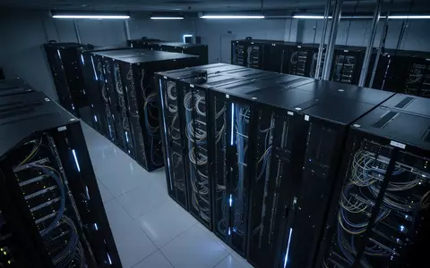 Reihen von Serverschränken in einem modernen Rechenzentrum mit blauer Beleuchtung als Symbol für Cybersicherheit. - Foto: über boerse-global.de