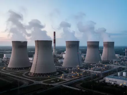 Ein modernes Industriewerk mit Kühltürmen und aufsteigendem Wasserdampf bei Dämmerung. - Foto: über boerse-global.de