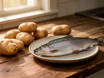 Frische Kartoffeln und eine rohe Forelle auf einem Holztisch in einer hellen Küche. - Foto: über boerse-global.de