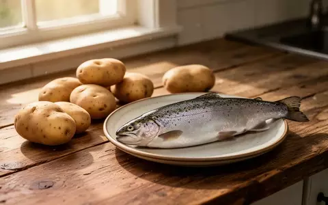 Frische Kartoffeln und eine rohe Forelle auf einem Holztisch in einer hellen Küche. - Foto: über boerse-global.de