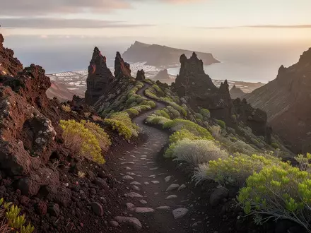Ein gewundener Wanderpfad in einer vulkanischen Berglandschaft auf Teneriffa bei goldenem Licht. - Foto: über boerse-global.de