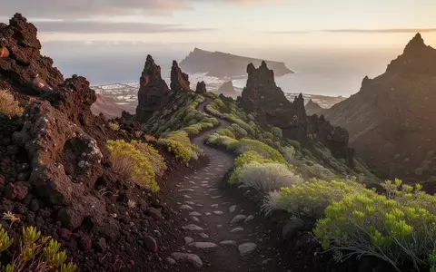Ein gewundener Wanderpfad in einer vulkanischen Berglandschaft auf Teneriffa bei goldenem Licht. - Foto: über boerse-global.de
