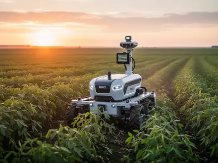 Ein autonomer Agrarroboter bei der Arbeit auf einem weitläufigen, grünen Feld bei Sonnenuntergang. - Foto: über boerse-global.de
