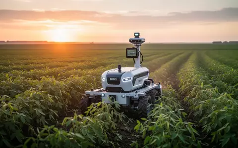 Ein autonomer Agrarroboter bei der Arbeit auf einem weitläufigen, grünen Feld bei Sonnenuntergang. - Foto: über boerse-global.de