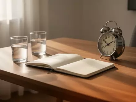 Ein minimalistischer Schreibtisch am Morgen mit einem analogen Wecker, einem leeren Notizbuch und einem Glas Wasser. - Foto: über boerse-global.de